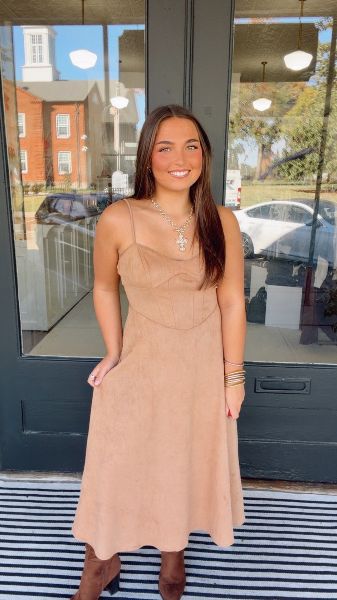 THML Camel Suede Sweetheart Midi Dress