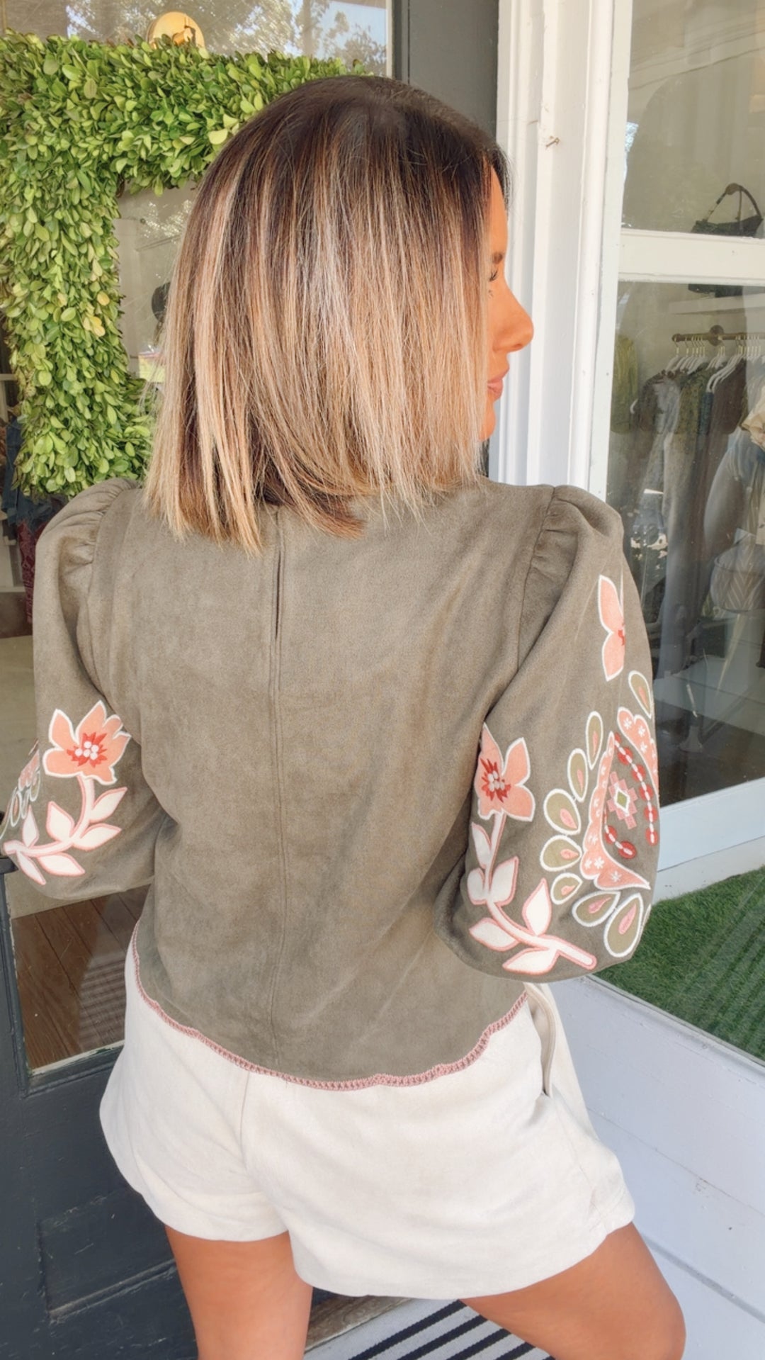 THML Olive Folk Floral Top