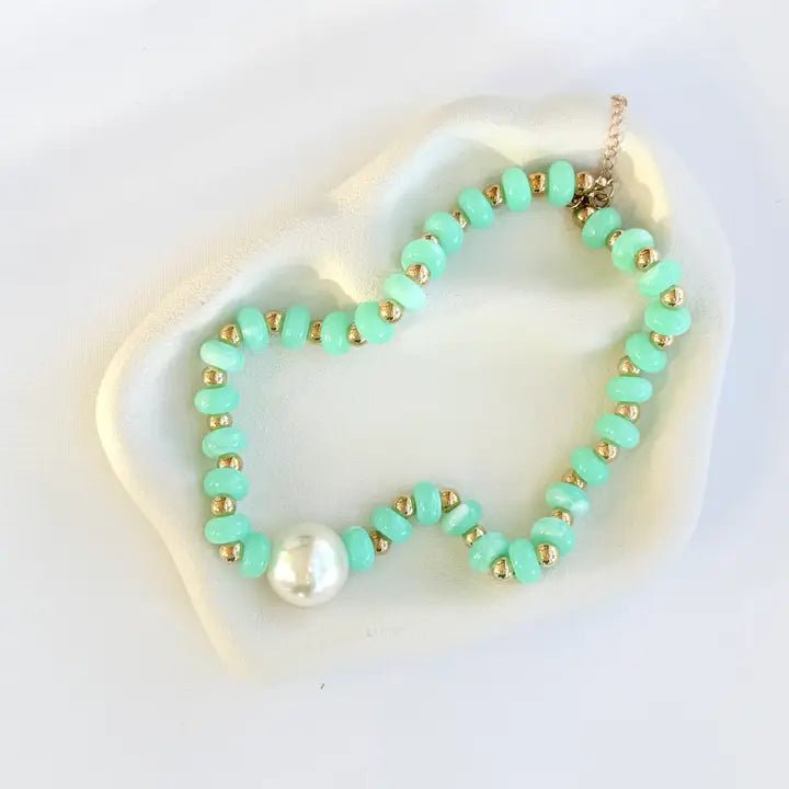 Chunky Disc Beaded Necklace Peal Bubble Gold Mint