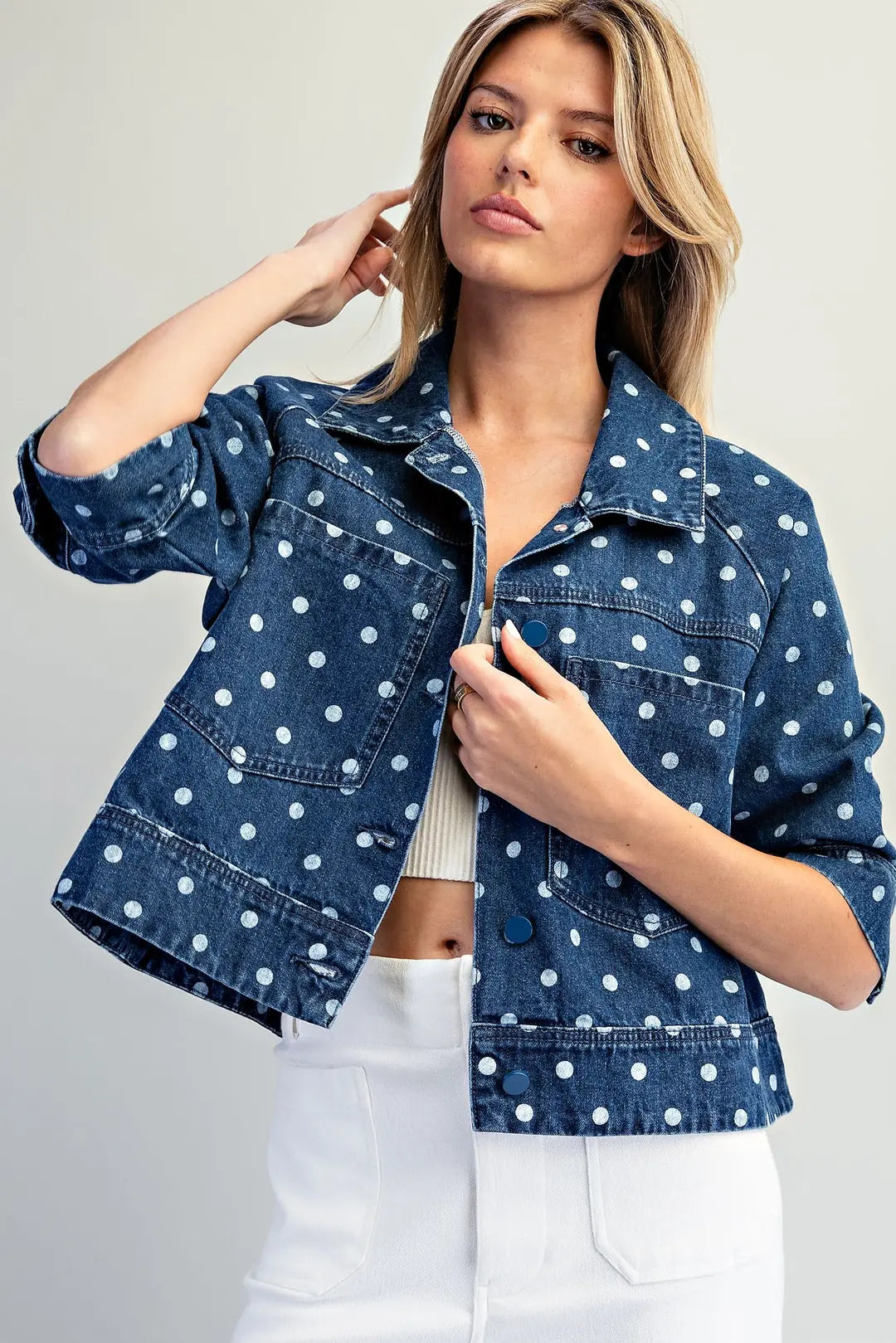 Polka Dot Button Down Denim Jacket