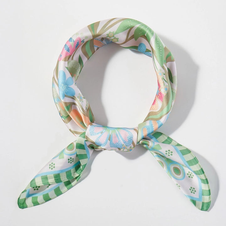 Retro Floral Print Square Bandana Scarf Green