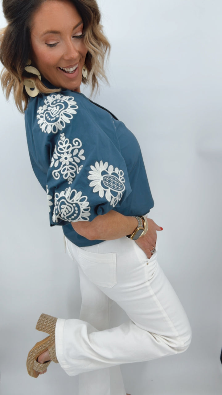 THML Embroidered Puff Sleeve Navy Top