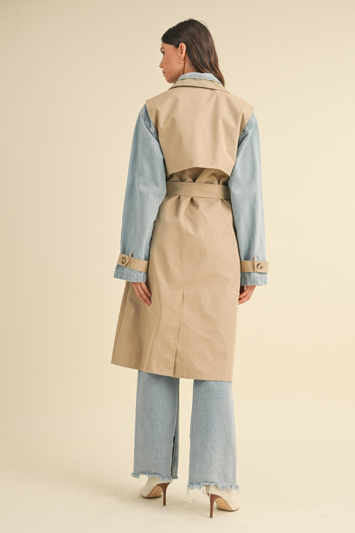 Layered Look Trench Coat With Denim Jacket
