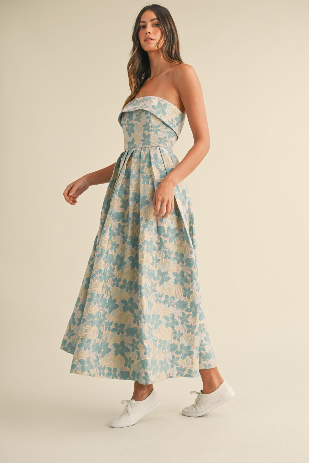 Jacquard Floral Print Tube Midi Dress