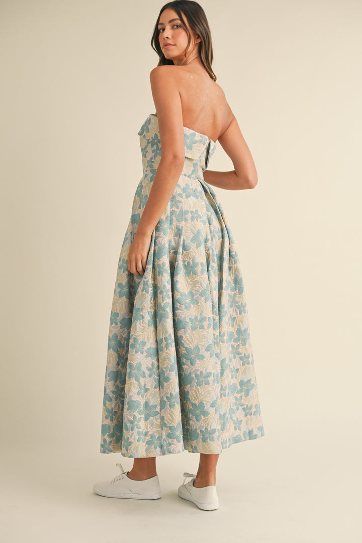 Jacquard Floral Print Tube Midi Dress