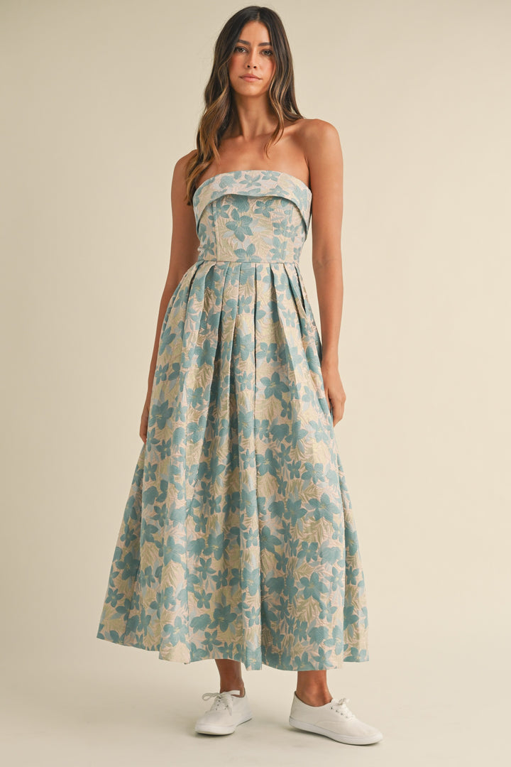 Jacquard Floral Print Tube Midi Dress