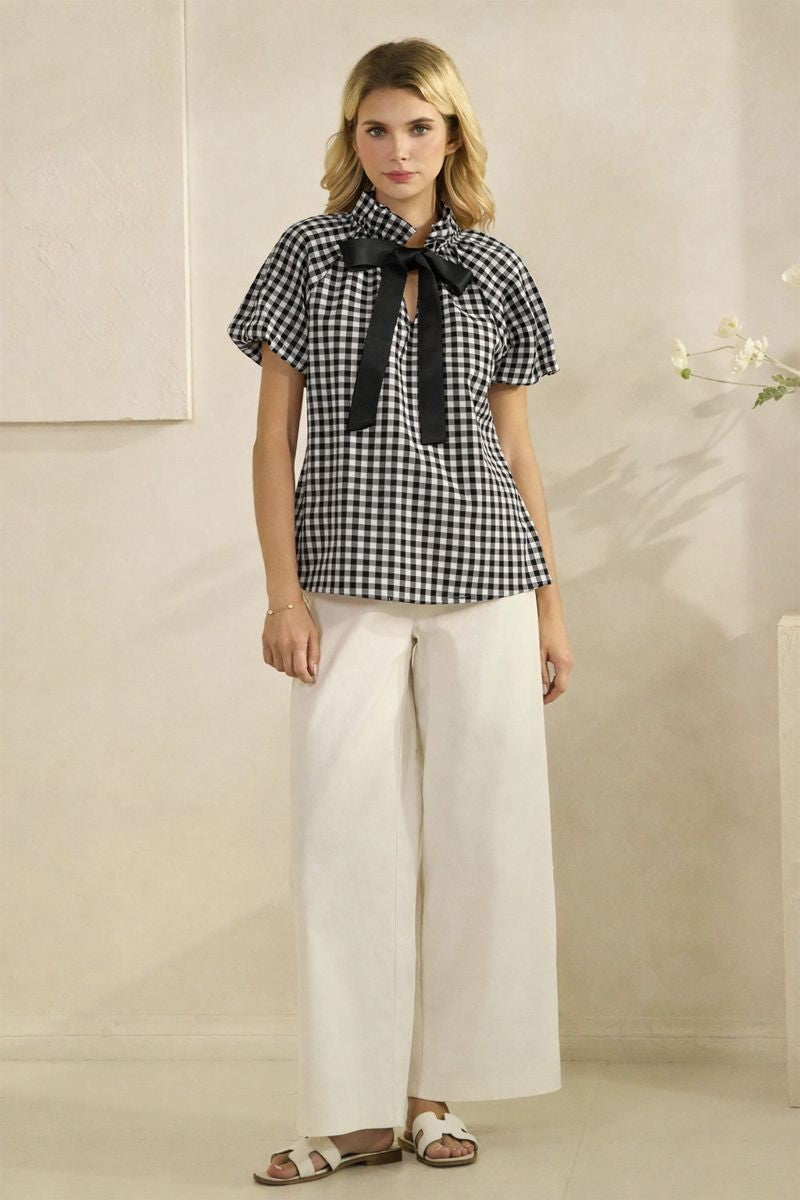 Gingham Check Puff Sleeve Top with Neck Tie Bow