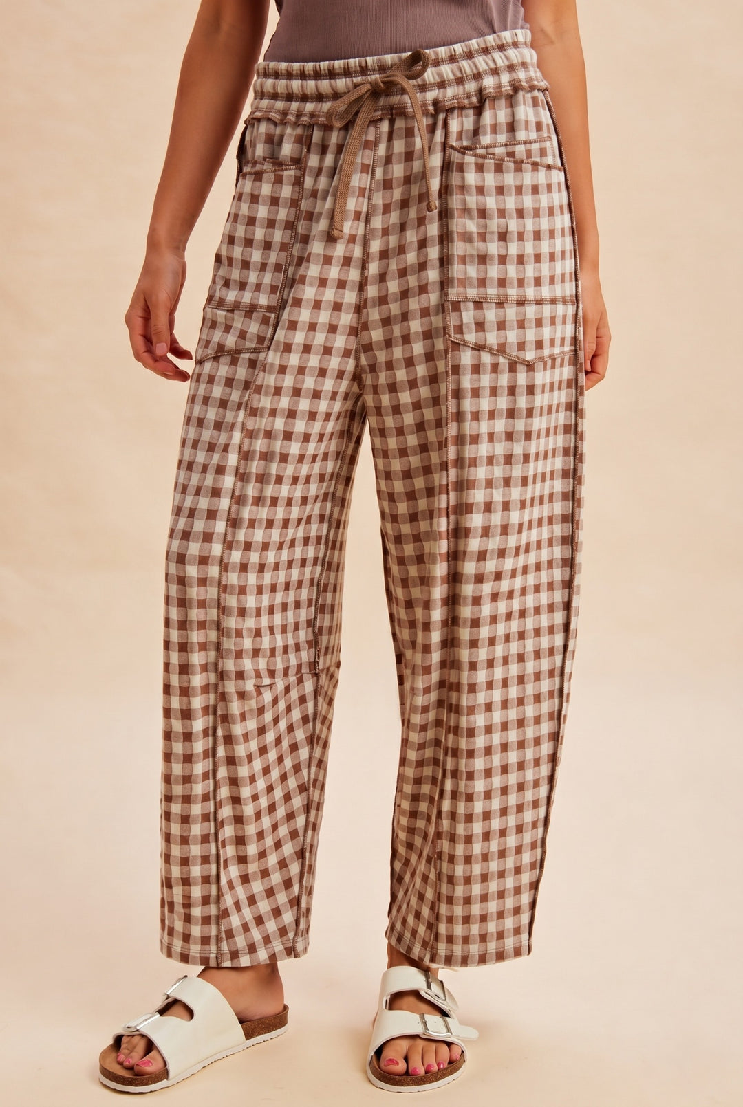 Soft Brushed Check Barrel Fit Utility Knit Pants