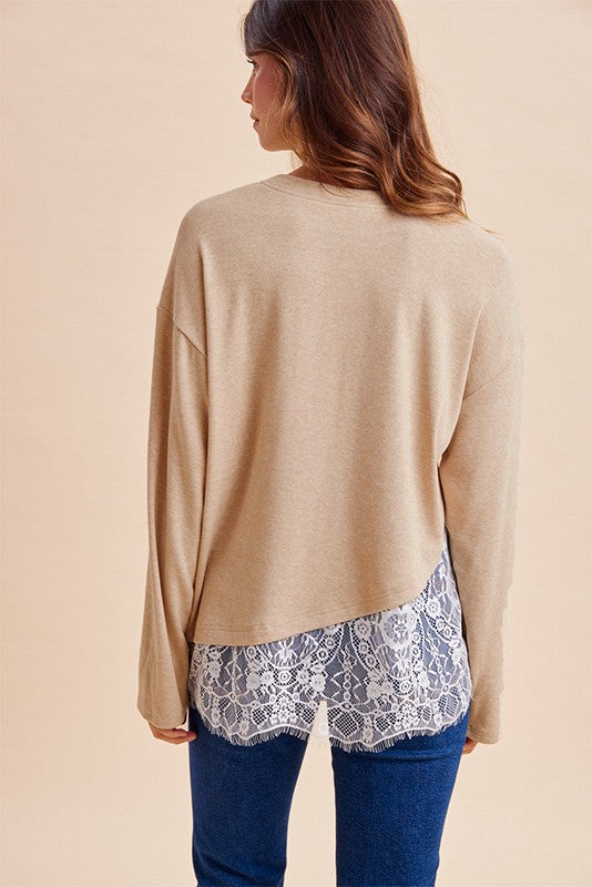Asymmetrical Lace Hem Soft Brushed Jersey Knit Top