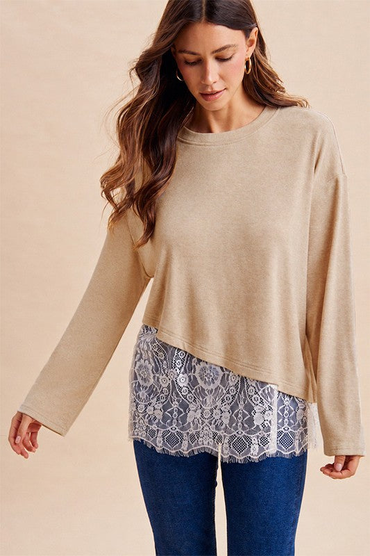 Asymmetrical Lace Hem Soft Brushed Jersey Knit Top