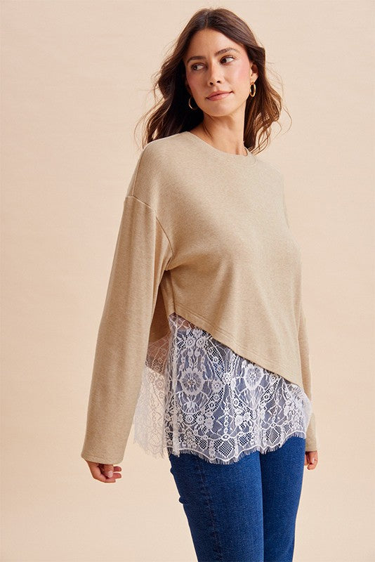 Asymmetrical Lace Hem Soft Brushed Jersey Knit Top