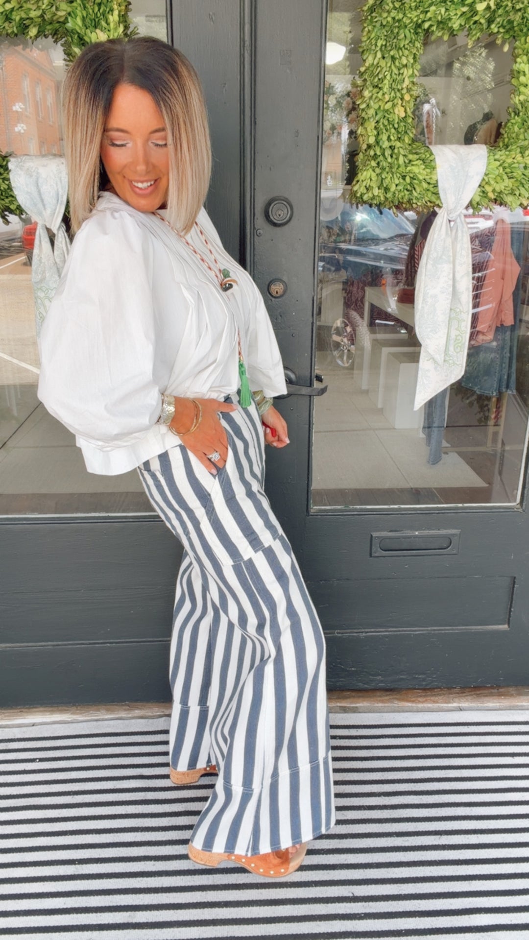Striped Cuffed Wide Leg Pants