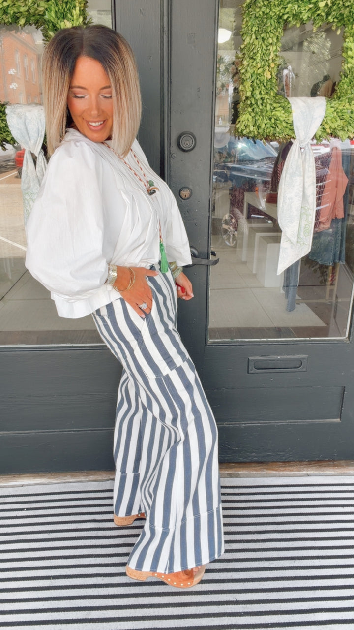 Striped Cuffed Wide Leg Pants