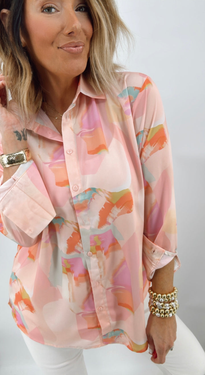 Watercolor Print Satin Button Up Shirt