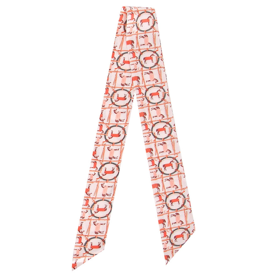 Horse Frame Pattern Silk Feel Twilly Skinny Scarf Orange
