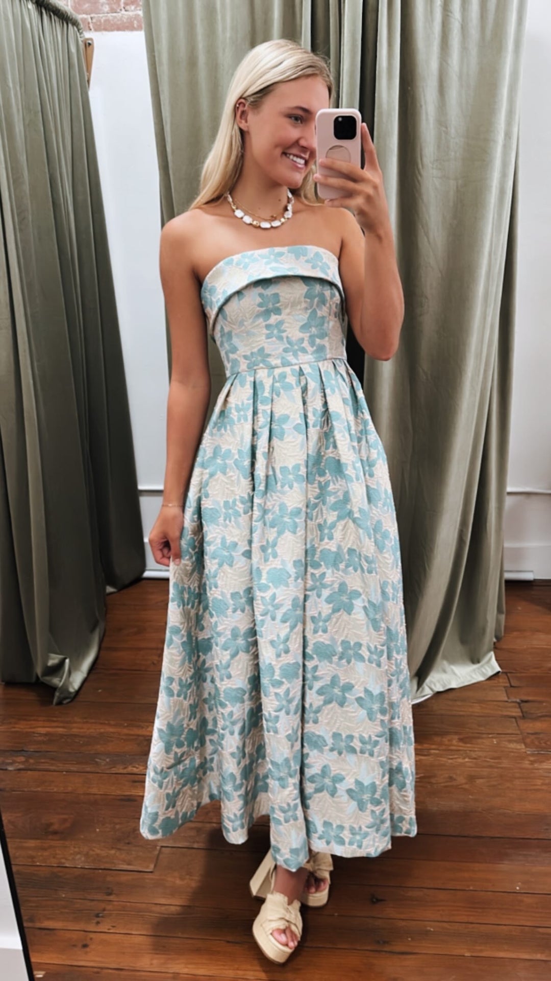 Jacquard Floral Print Tube Midi Dress