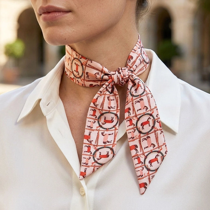 Horse Frame Pattern Silk Feel Twilly Skinny Scarf Orange