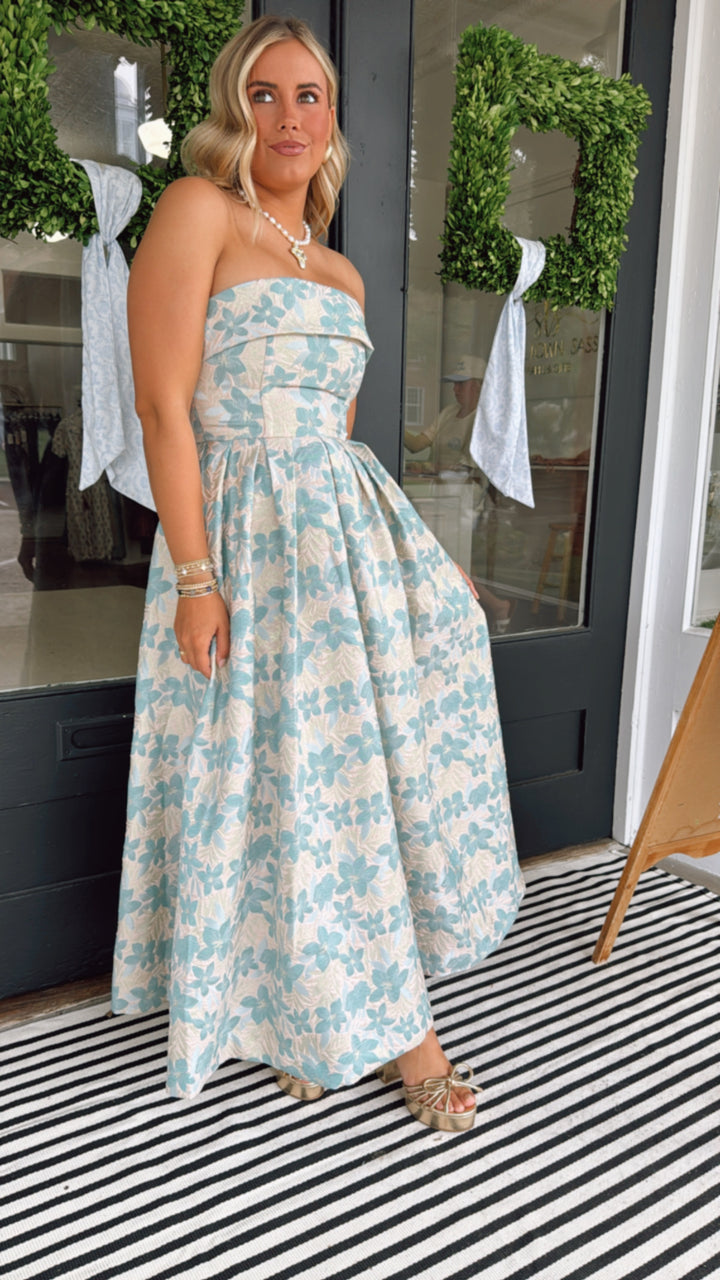 Jacquard Floral Print Tube Midi Dress