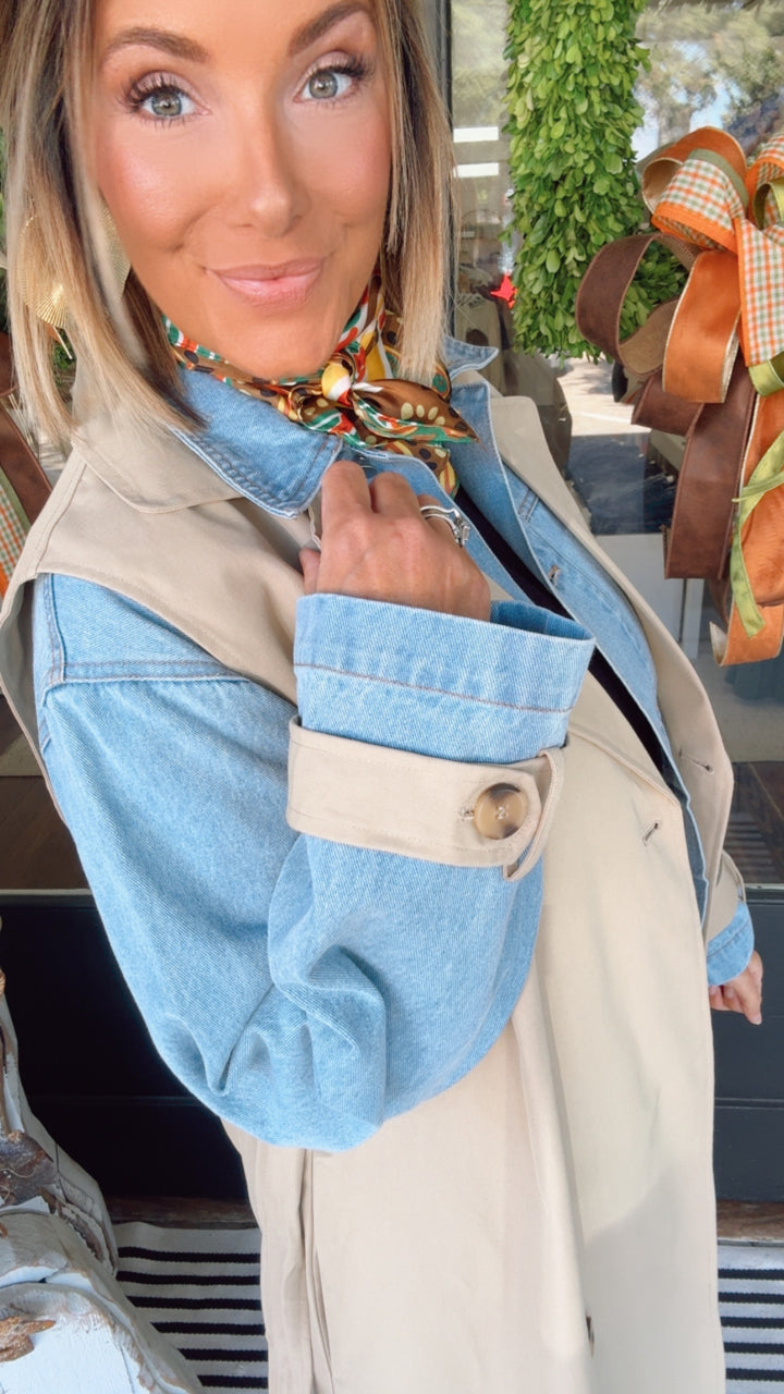 Layered Look Trench Coat With Denim Jacket