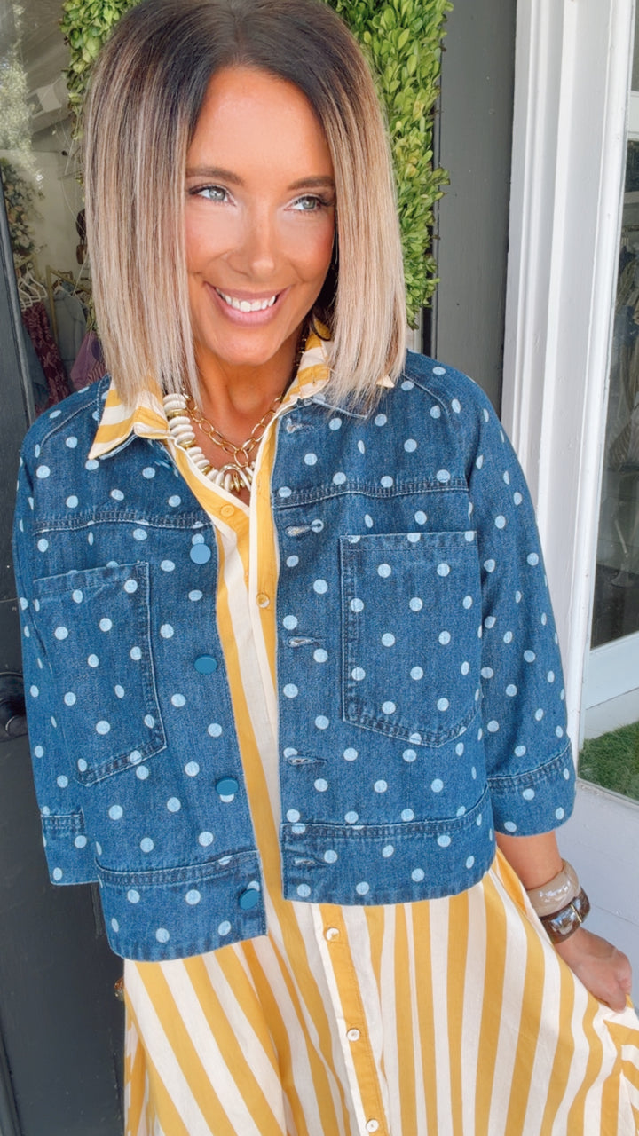 Polka Dot Button Down Denim Jacket