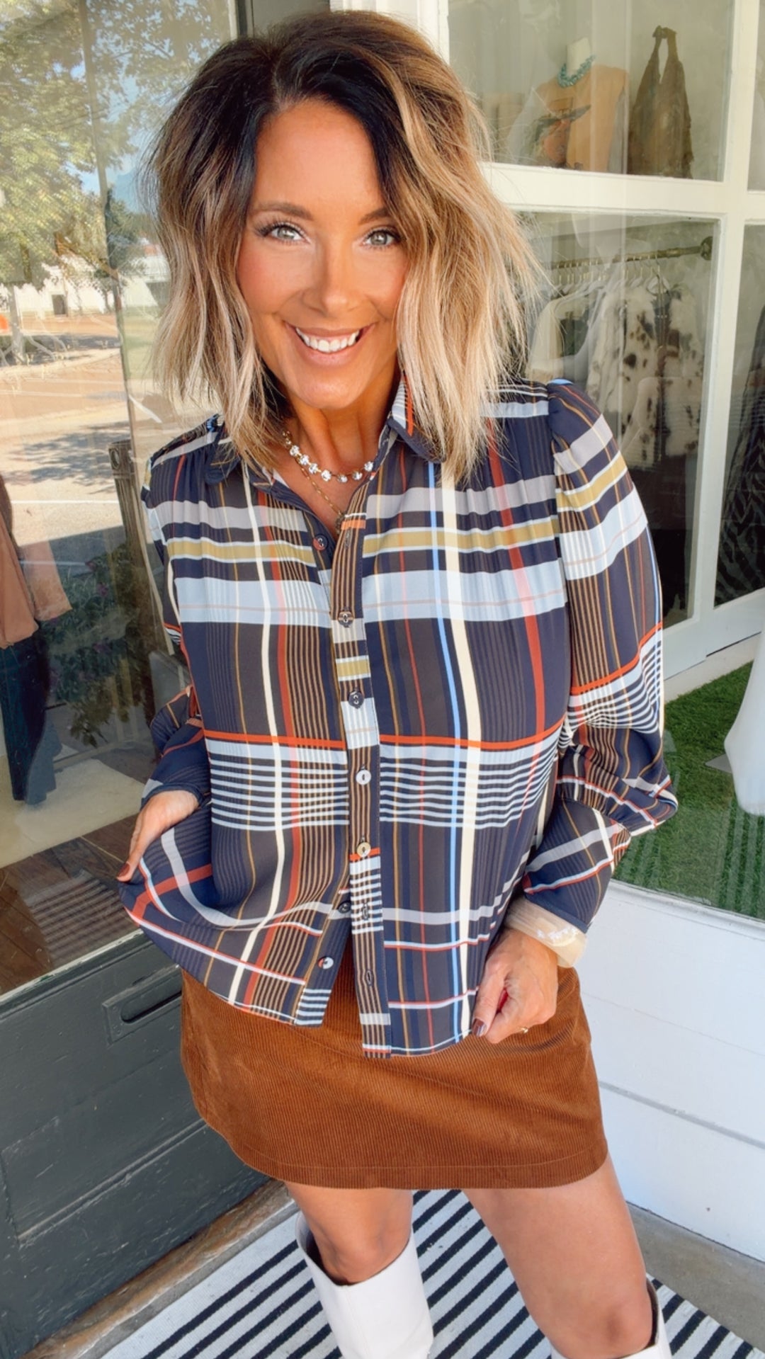 THML Autumn Plaid Button Down Top