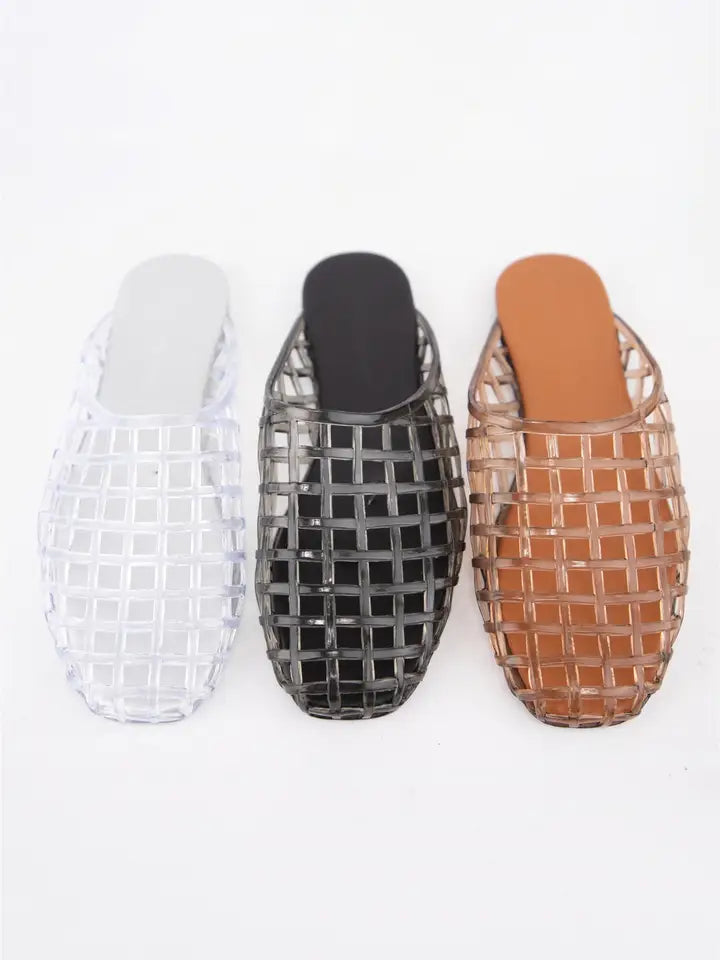 Transparent Woven Jelly Mule Flats Brown