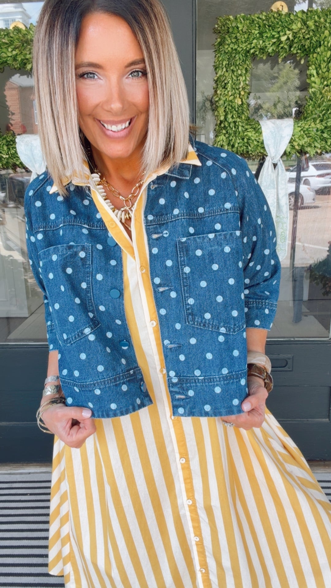 Polka Dot Button Down Denim Jacket