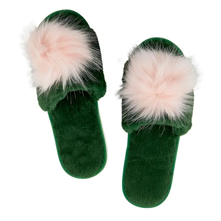 Green Pom Pom Slippers