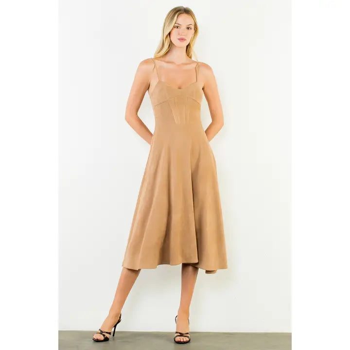 THML Camel Suede Sweetheart Midi Dress