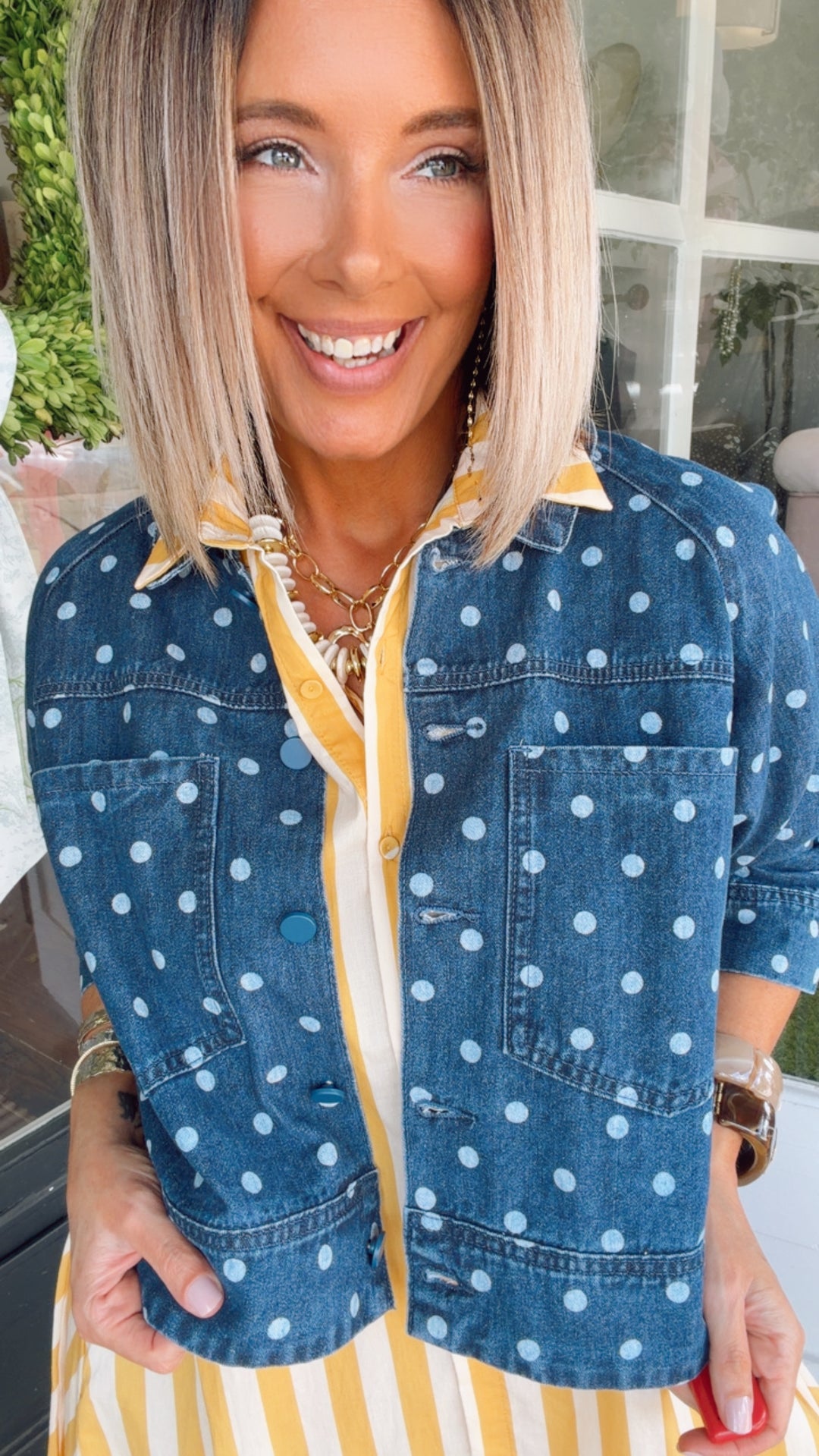 Polka Dot Button Down Denim Jacket