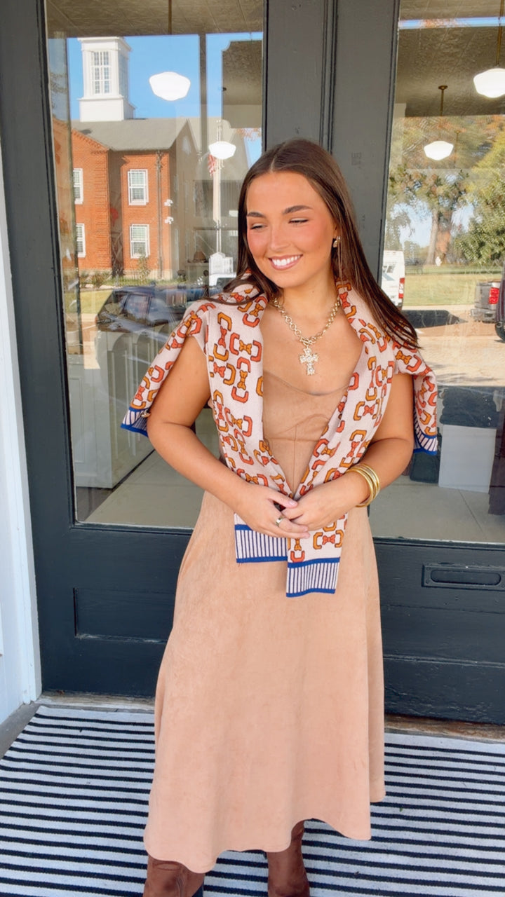 THML Camel Suede Sweetheart Midi Dress