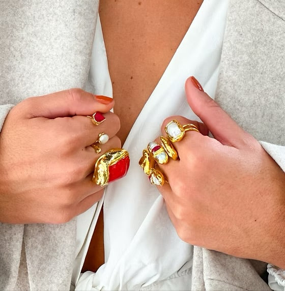 Easton Elle Triple Pearl Ring with Raw Garnet