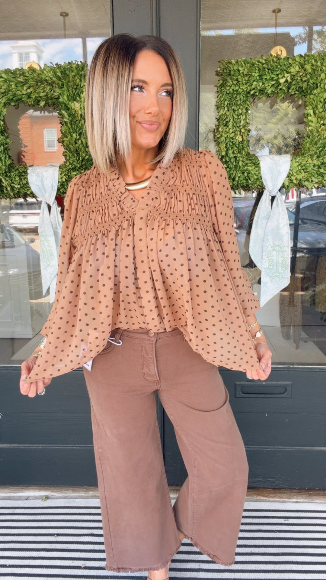 The Mocha Dot Smocked Top