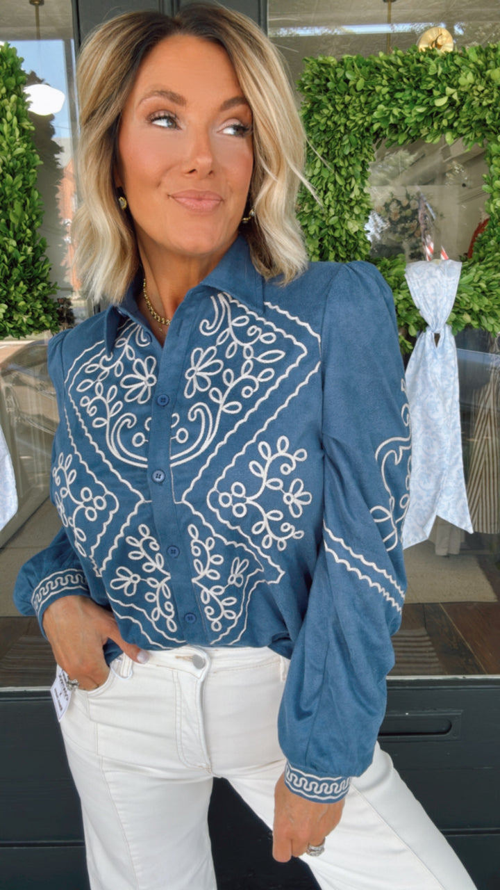 Suede Embroidered Button Up Top