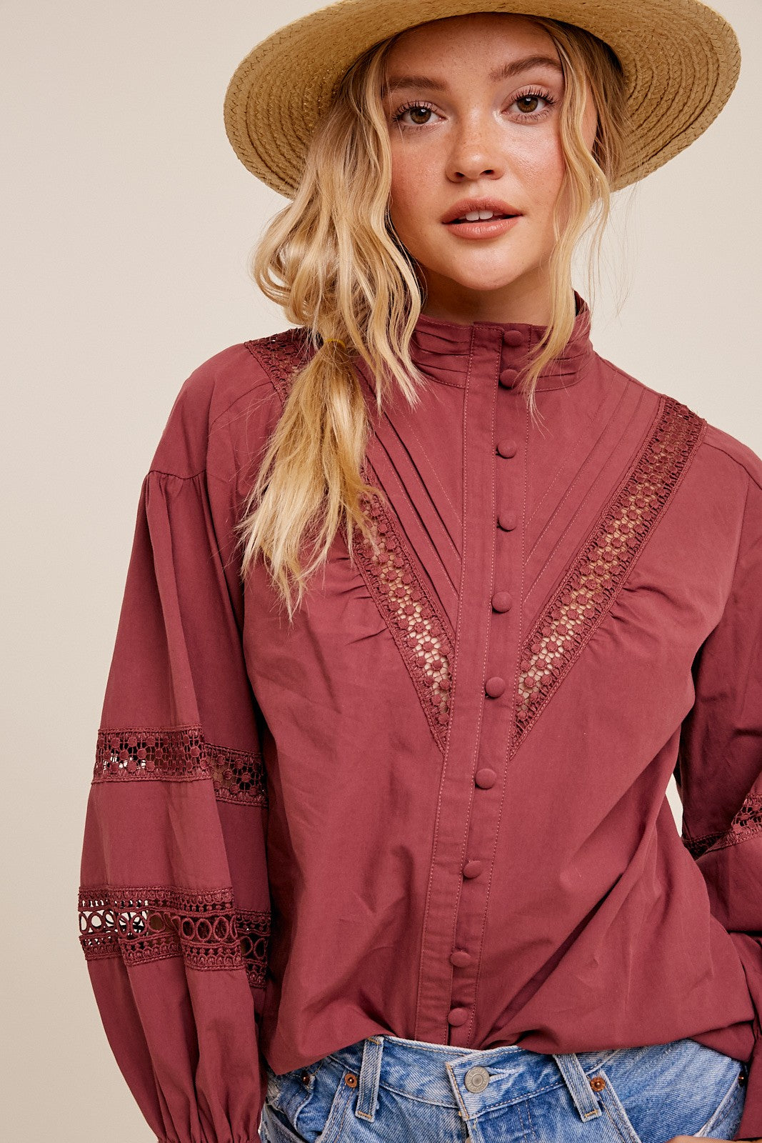 Eyelet Detailed Button Down Mock Neck Blouse Top