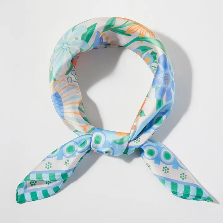 Retro Floral Print Square Bandana Scarf Blue