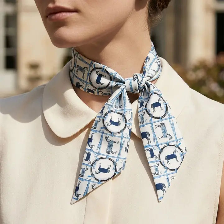 Horse Frame Pattern Silk Feel Twilly Skinny Scarf Blue
