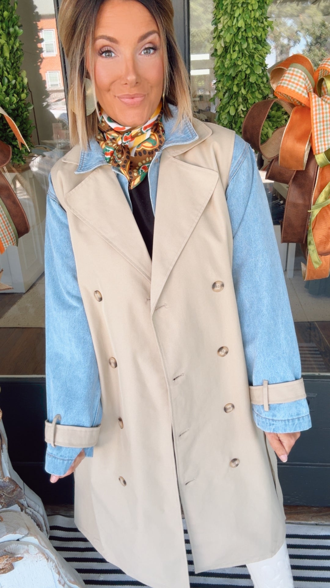 Layered Look Trench Coat With Denim Jacket