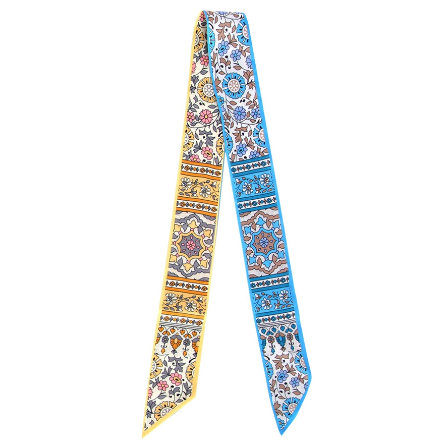 Vintage Floral Medallion Allover Print Silk Feel Twilly Skinny Scarf Blue