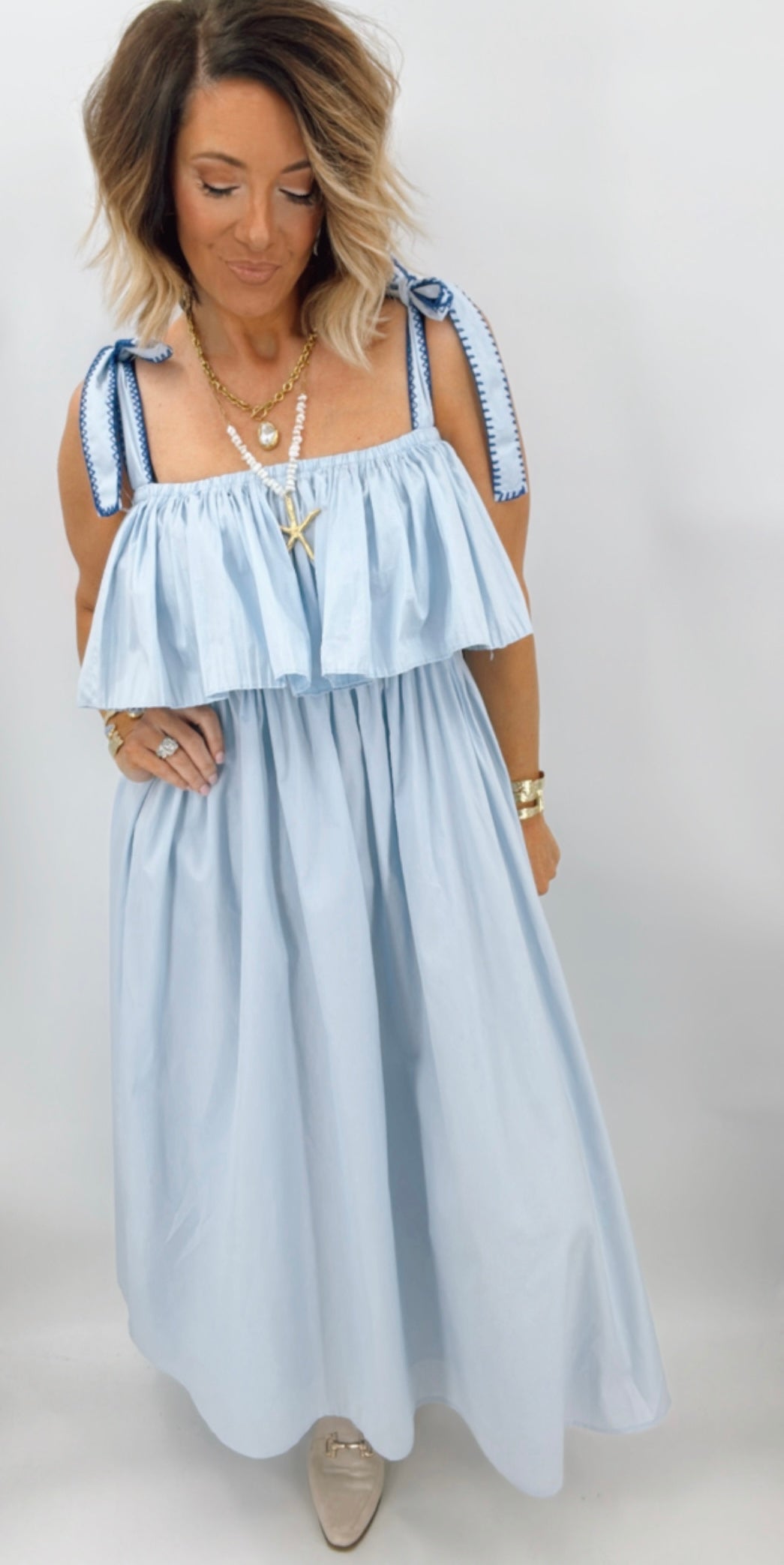 The Blue Razz Off the shoulder Midi