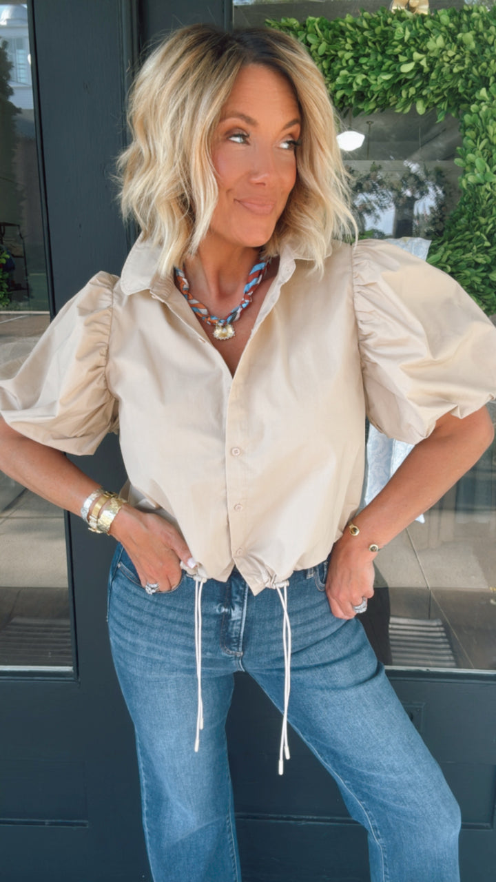 Drawstring Hem Puff Sleeve Blouse