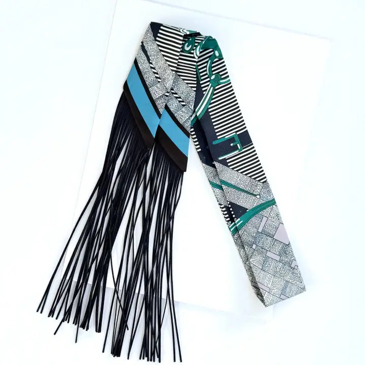 Fringe Scarf Belt and Buckle Print Navy Green