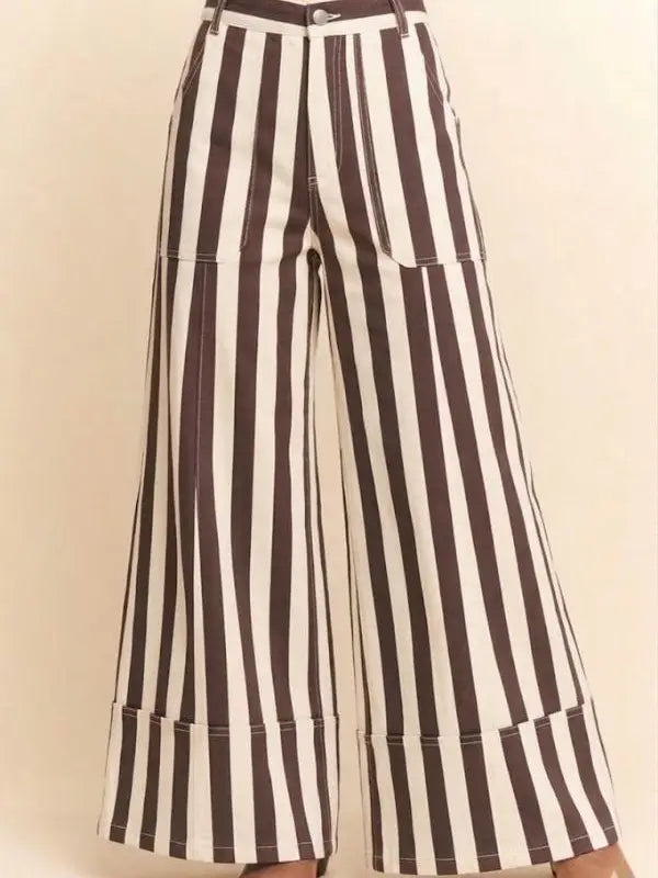 Striped Cuffed Wide Leg Pants