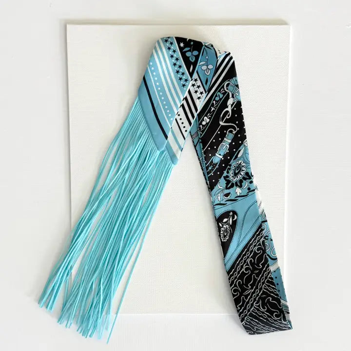 Fringe Twilly Scarf Belt and Buckle Print Blue and Black