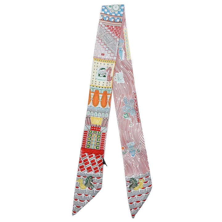 Story Tiles Print Silk Feel Twilly Skinny Scarf Red