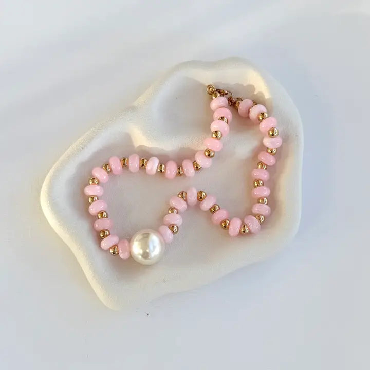 Chunky Beaded Necklace Peal Bubble Gold Light Pink