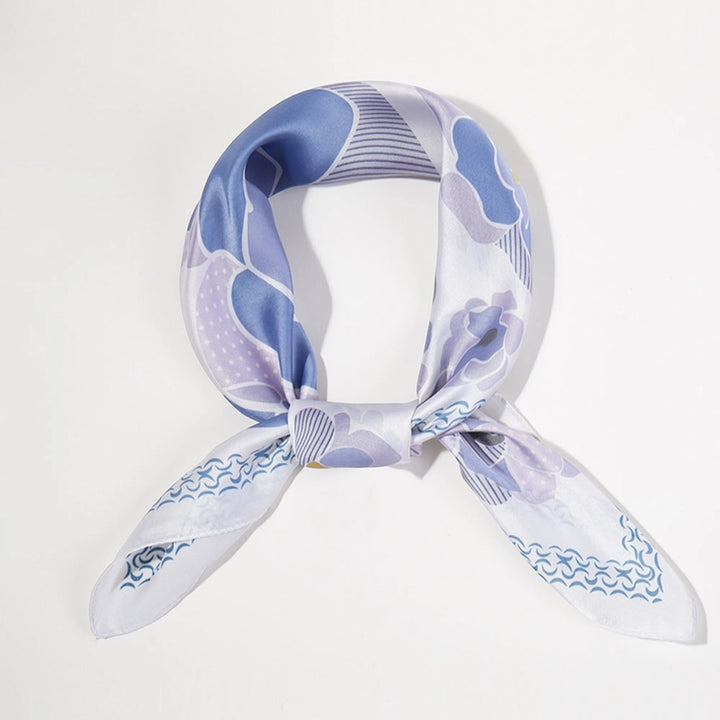 Illustrated Flower Pattern Printed Square Silky Satin Bandana Scarf