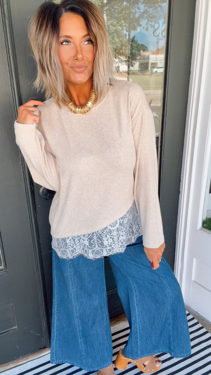 Asymmetrical Lace Hem Soft Brushed Jersey Knit Top