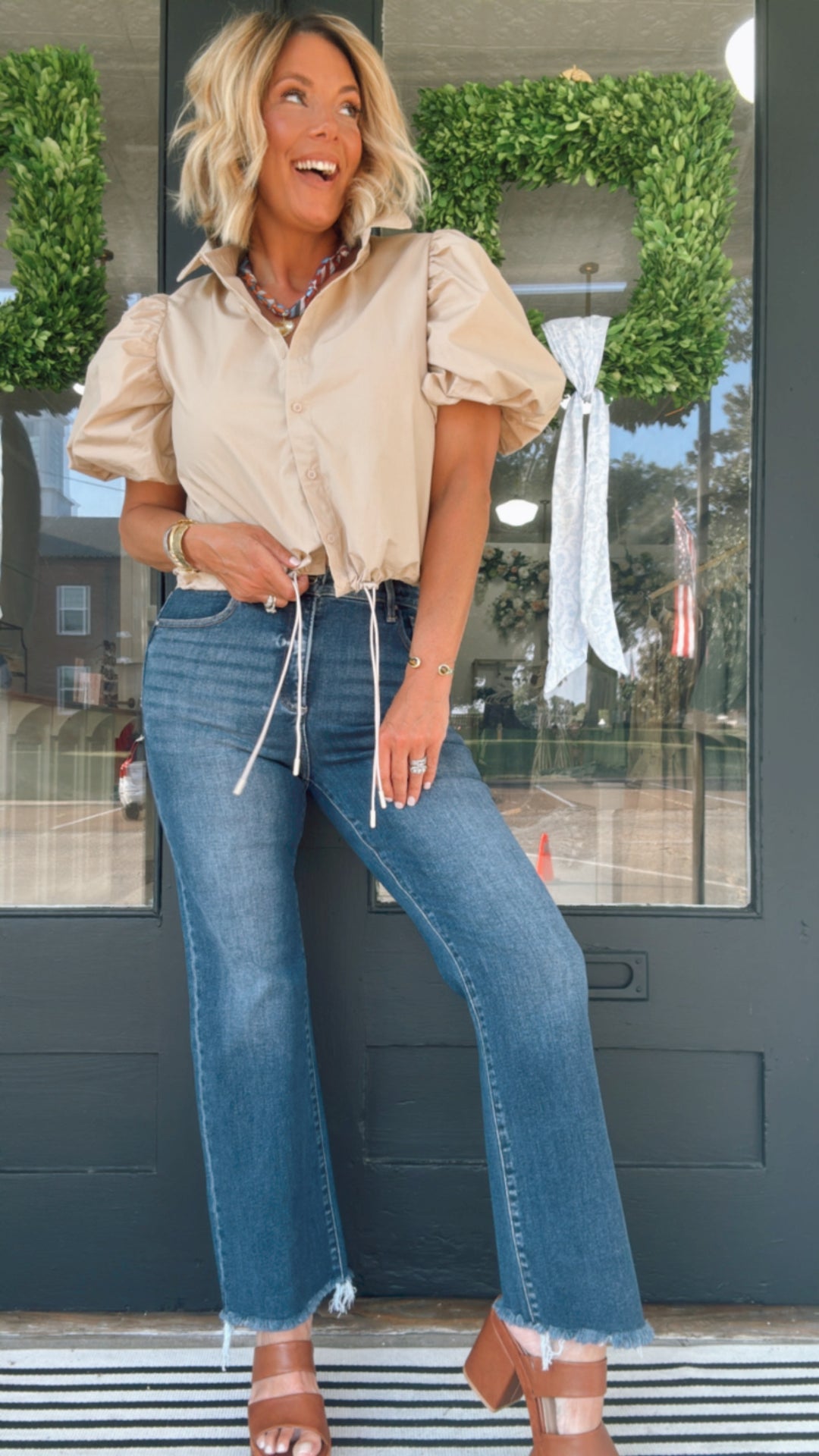 Drawstring Hem Puff Sleeve Blouse