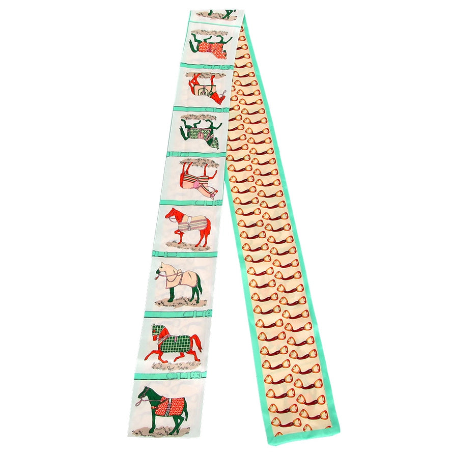 Equestrian-Inspired Horse Frame Pattern Print Silk Feel Twilly Skinny Scarf